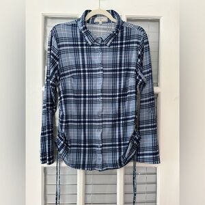 No Comment Women’s 1X Blue Plaid Long Sleeve Roll Tab Sleeve Side Tie Top